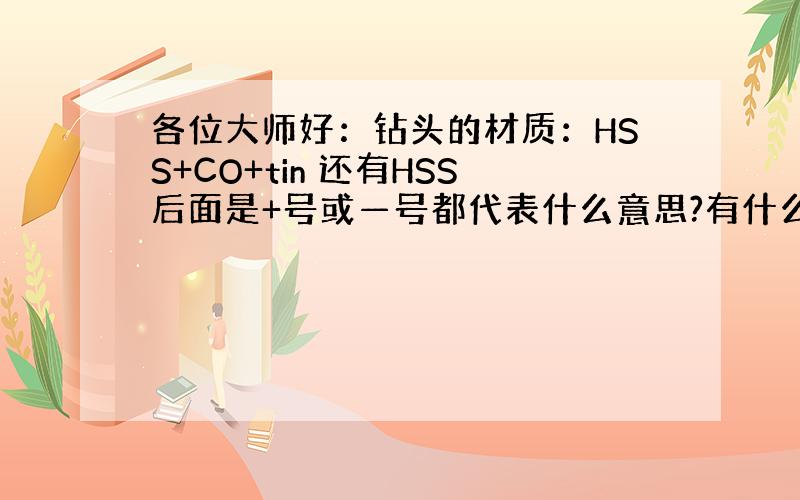 各位大师好：钻头的材质：HSS+CO+tin 还有HSS后面是+号或—号都代表什么意思?有什么实际意义