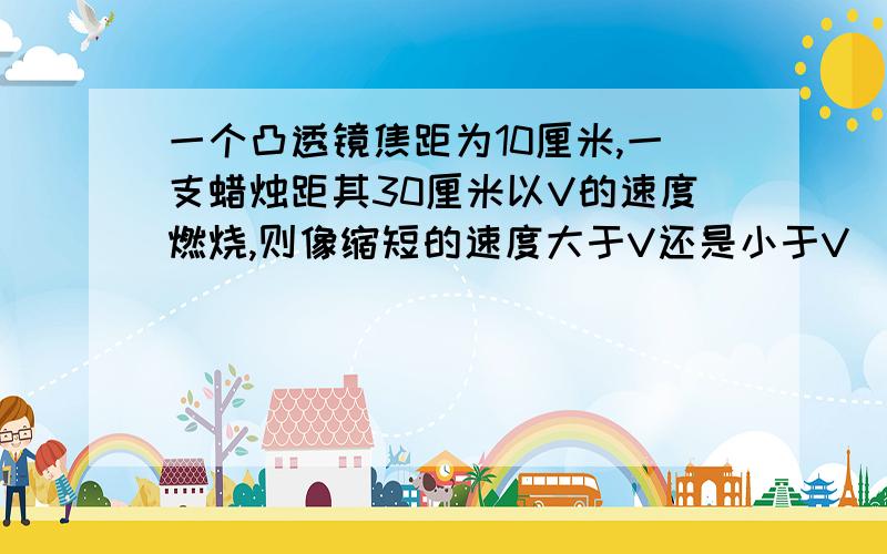 一个凸透镜焦距为10厘米,一支蜡烛距其30厘米以V的速度燃烧,则像缩短的速度大于V还是小于V