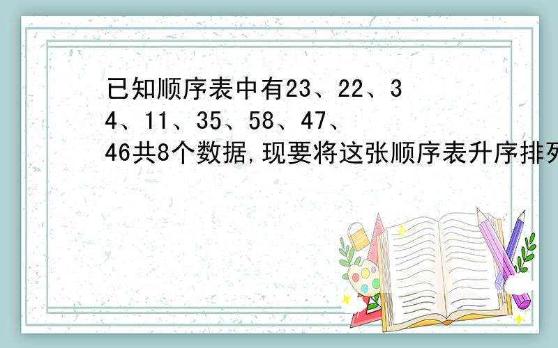 已知顺序表中有23、22、34、11、35、58、47、46共8个数据,现要将这张顺序表升序排列,至少需要几次交换?