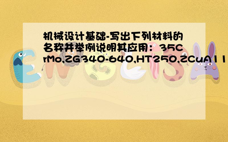 机械设计基础-写出下列材料的名称并举例说明其应用：35CrMo,ZG340-640,HT250,ZCuA110Fe3