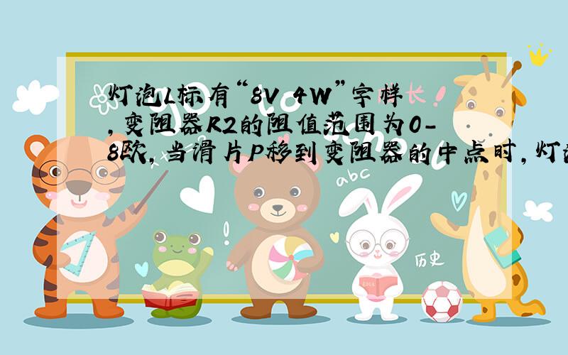 灯泡L标有“8V 4W”字样,变阻器R2的阻值范围为0-8欧,当滑片P移到变阻器的中点时,灯泡L正常发光.求