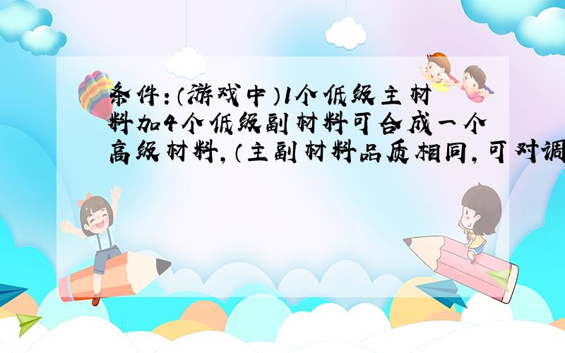 条件：（游戏中）1个低级主材料加4个低级副材料可合成一个高级材料,（主副材料品质相同,可对调）成功率为75%,成功与否副