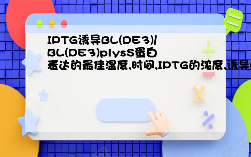 IPTG诱导BL(DE3)/BL(DE3)plysS蛋白表达的最佳温度,时间,IPTG的浓度,诱导时菌液的最佳浓度.