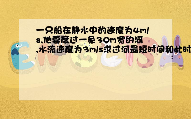 一只船在静水中的速度为4m/s,他要度过一条30m宽的河,水流速度为3m/s求过河最短时间和此时位移?