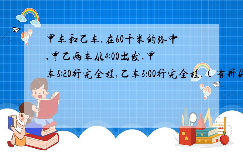 甲车和乙车,在60千米的路中,甲乙两车从4:00出发,甲车5:20行完全程,乙车5：00行完全程.(有折线图）