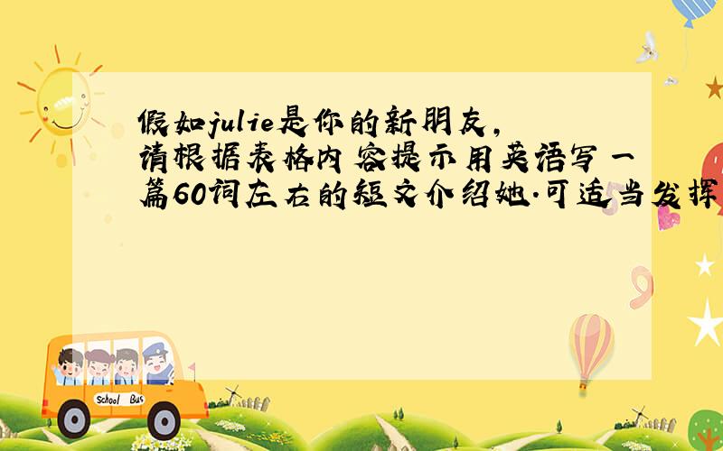 假如julie是你的新朋友,请根据表格内容提示用英语写一篇60词左右的短文介绍她.可适当发挥.