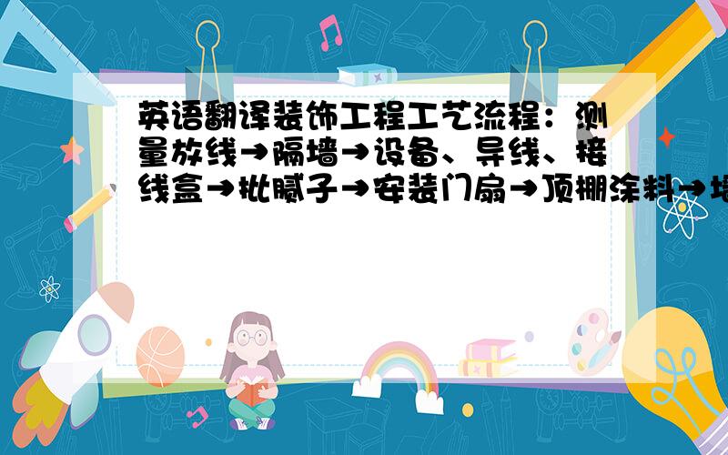 英语翻译装饰工程工艺流程：测量放线→隔墙→设备、导线、接线盒→批腻子→安装门扇→顶棚涂料→墙面涂料→木制品油漆→地面工程