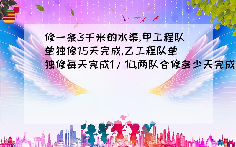 修一条3千米的水渠,甲工程队单独修15天完成,乙工程队单独修每天完成1/10,两队合修多少天完成?