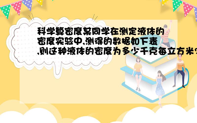 科学算密度某同学在测定液体的密度实验中,测得的数据如下表,则这种液体的密度为多少千克每立方米?（下面是一个表格）量筒和液