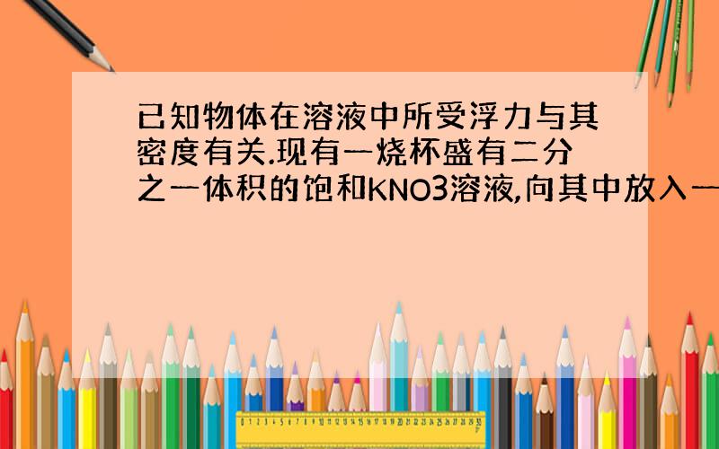 已知物体在溶液中所受浮力与其密度有关.现有一烧杯盛有二分之一体积的饱和KNO3溶液,向其中放入一小块木块,木块悬浮于水面