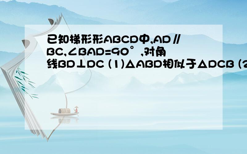 已知梯形形ABCD中,AD∥BC,∠BAD=90°,对角线BD⊥DC (1)△ABD相似于△DCB (2)BD²