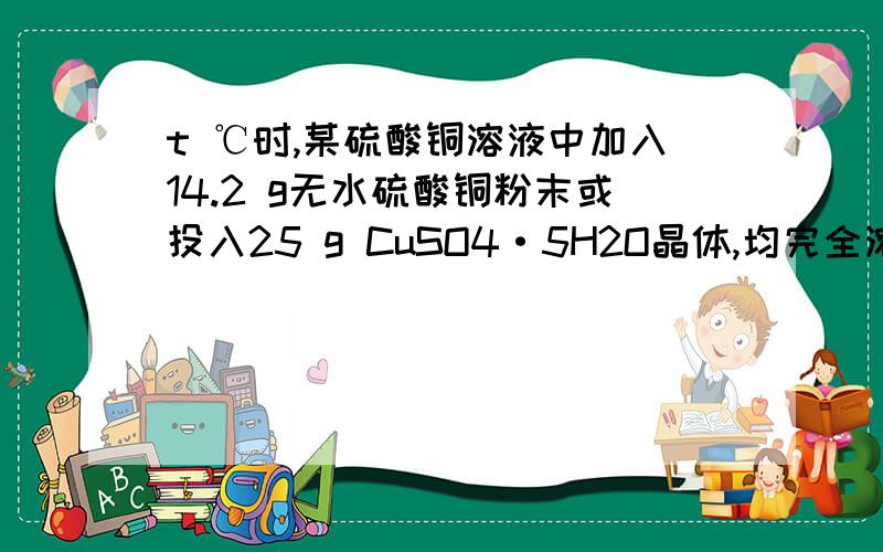 t ℃时,某硫酸铜溶液中加入14.2 g无水硫酸铜粉末或投入25 g CuSO4·5H2O晶体,均完全溶解得其饱和