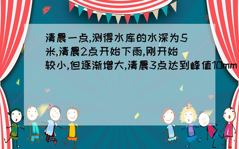 清晨一点,测得水库的水深为5米,清晨2点开始下雨,刚开始较小,但逐渐增大,清晨3点达到峰值10mm/h,然后逐渐减少,到