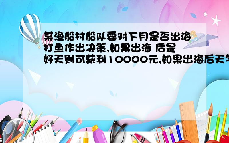 某渔船村船队要对下月是否出海打鱼作出决策,如果出海 后是好天则可获利10000元,如果出海后天气变坏,要损失4000元,