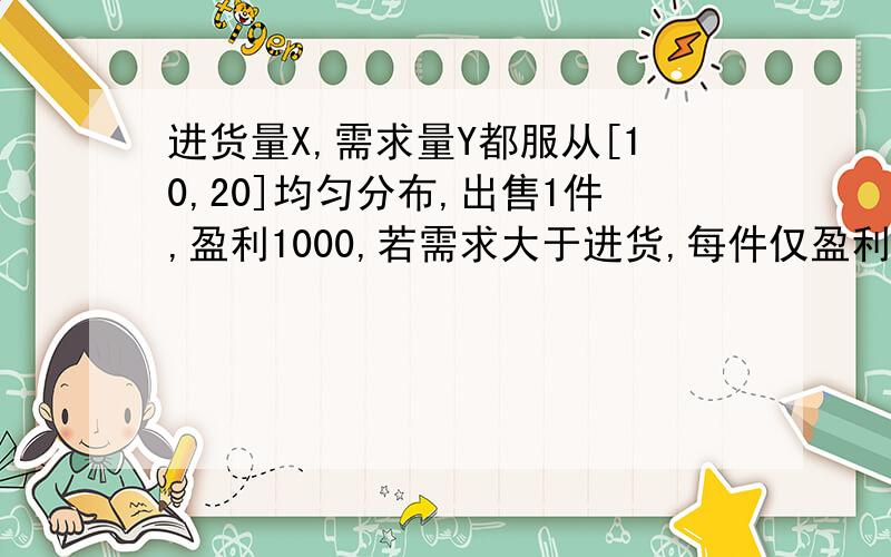 进货量X,需求量Y都服从[10,20]均匀分布,出售1件,盈利1000,若需求大于进货,每件仅盈利500