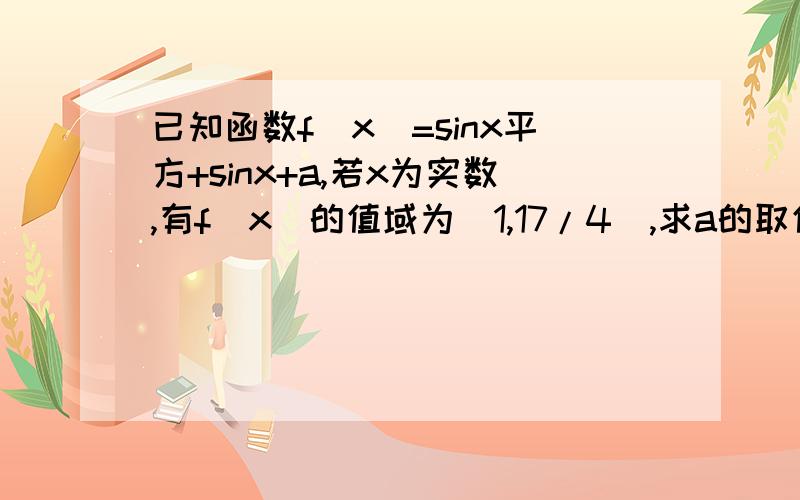 已知函数f(x)=sinx平方+sinx+a,若x为实数,有f(x)的值域为[1,17/4],求a的取值范围