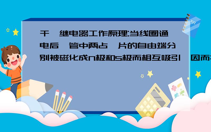 干簧继电器工作原理:当线圈通电后,管中两占簧片的自由端分别被磁化成N极和S极而相互吸引,因而接通被控电路.线圈断电后,干