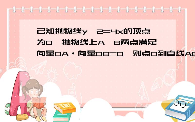 已知抛物线y^2=4x的顶点为O,抛物线上A,B两点满足向量OA·向量OB=0,则点O到直线AB的最大距离为