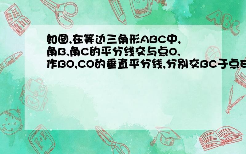 如图,在等边三角形ABC中,角B,角C的平分线交与点O,作BO,CO的垂直平分线,分别交BC于点E和点F,小明说：“E,