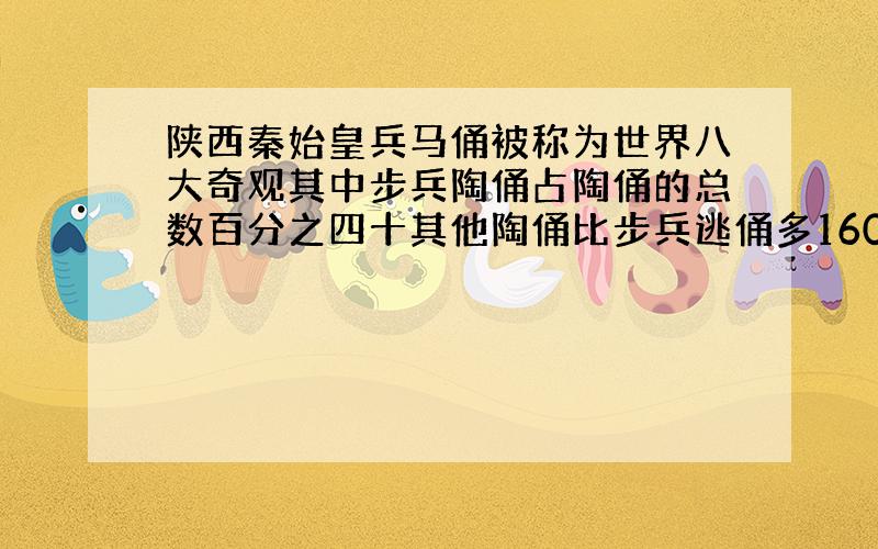 陕西秦始皇兵马俑被称为世界八大奇观其中步兵陶俑占陶俑的总数百分之四十其他陶俑比步兵逃俑多1600件步兵陶俑的总数是