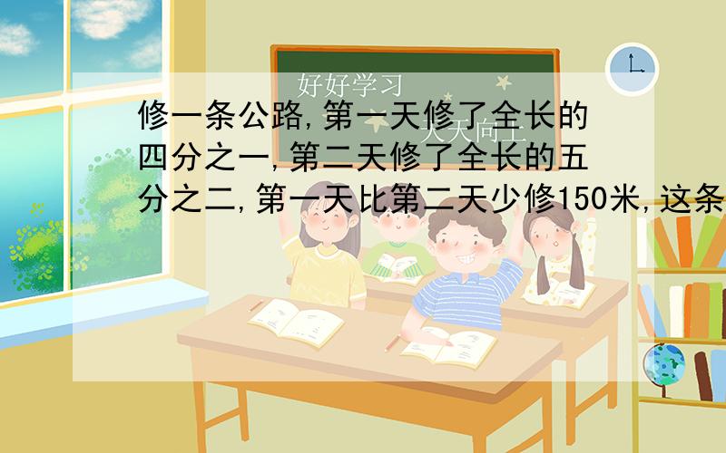 修一条公路,第一天修了全长的四分之一,第二天修了全长的五分之二,第一天比第二天少修150米,这条公路全