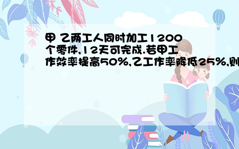 甲 乙两工人同时加工1200个零件,12天可完成.若甲工作效率提高50％,乙工作率降低25％,则10天可完成任务