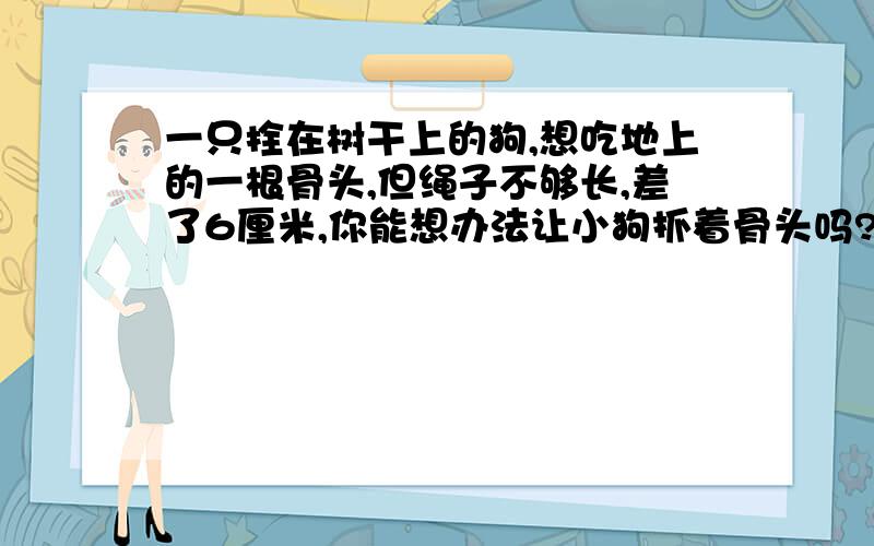 一只拴在树干上的狗,想吃地上的一根骨头,但绳子不够长,差了6厘米,你能想办法让小狗抓着骨头吗?