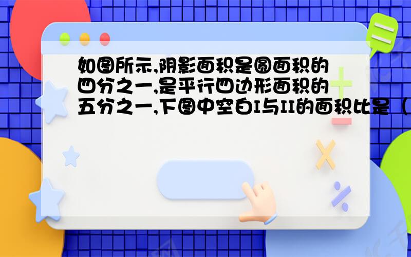 如图所示,阴影面积是圆面积的四分之一,是平行四边形面积的五分之一,下图中空白I与II的面积比是（）.