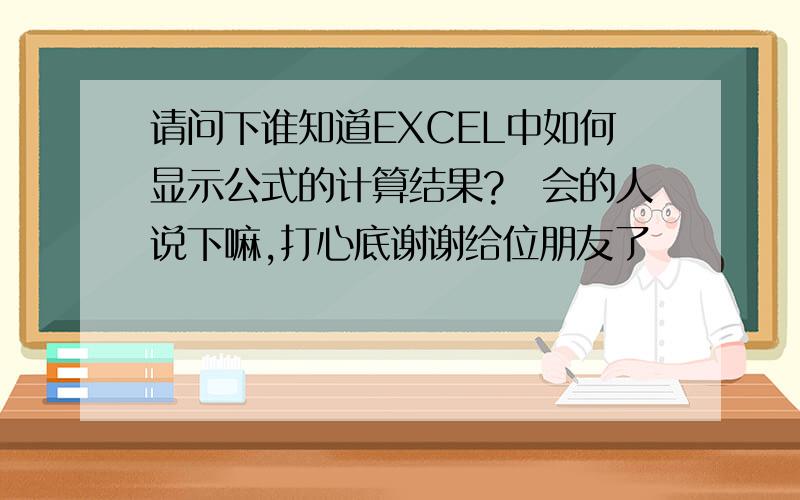 请问下谁知道EXCEL中如何显示公式的计算结果?　会的人说下嘛,打心底谢谢给位朋友了