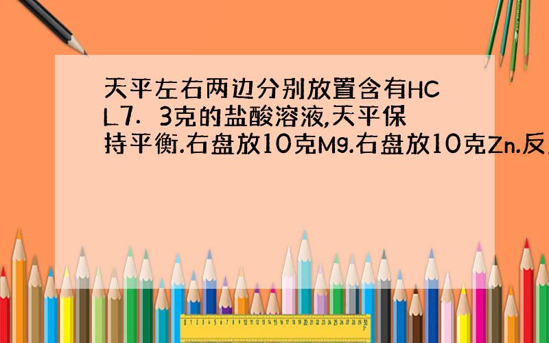 天平左右两边分别放置含有HCL7．3克的盐酸溶液,天平保持平衡.右盘放10克Mg.右盘放10克Zn.反应后