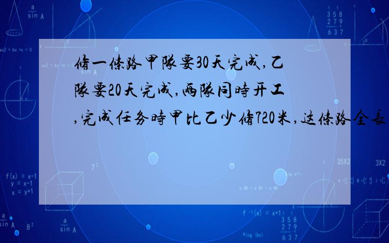 修一条路甲队要30天完成,乙队要20天完成,两队同时开工,完成任务时甲比乙少修720米,这条路全长多少米?