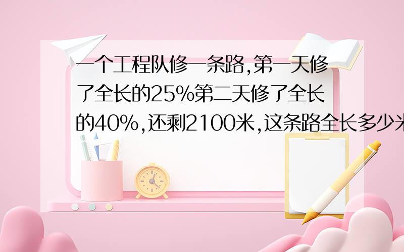 一个工程队修一条路,第一天修了全长的25%第二天修了全长的40%,还剩2100米,这条路全长多少米?