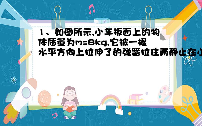 1、如图所示,小车板面上的物体质量为m=8kg,它被一根水平方向上拉伸了的弹簧拉住而静止在小车上,这时弹簧的弹力为6N.