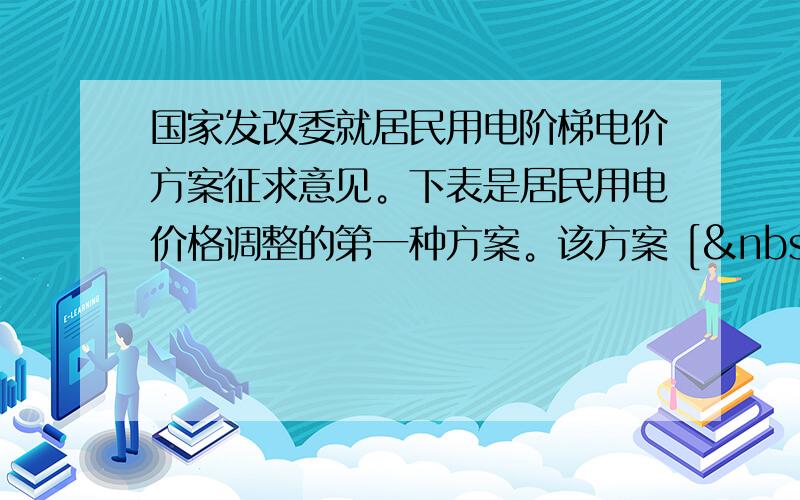 国家发改委就居民用电阶梯电价方案征求意见。下表是居民用电价格调整的第一种方案。该方案 [  &nbs