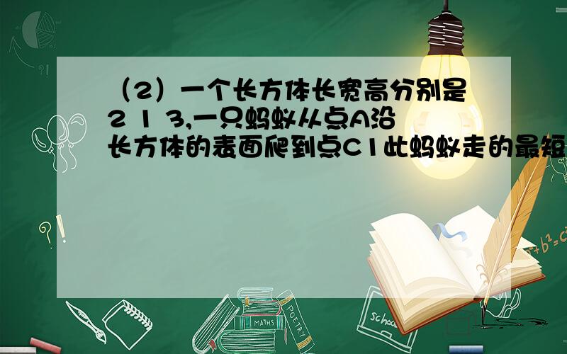 （2）一个长方体长宽高分别是2 1 3,一只蚂蚁从点A沿长方体的表面爬到点C1此蚂蚁走的最短距离是.