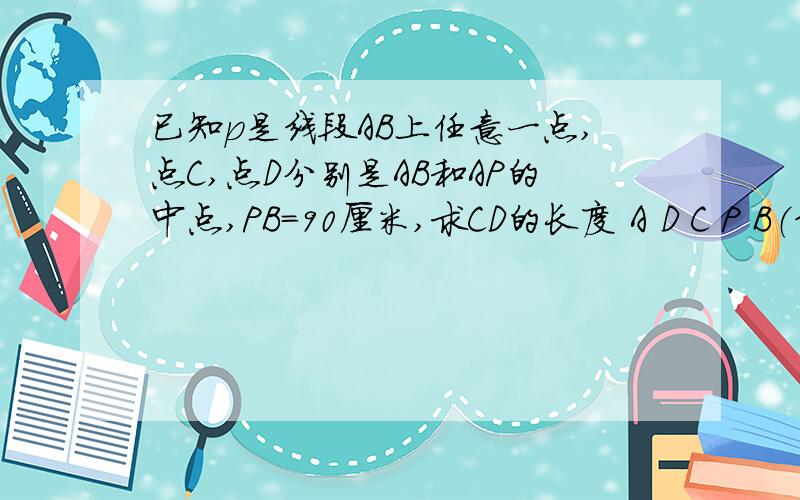 已知p是线段AB上任意一点,点C,点D分别是AB和AP的中点,PB=90厘米,求CD的长度 A D C P B（线段）