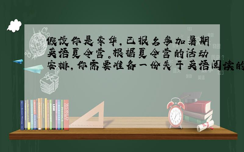 假设你是李华，已报名参加暑期英语夏令营。根据夏令营的活动安排，你需要准备一份关于英语阅读的发言稿。具体要求如下：