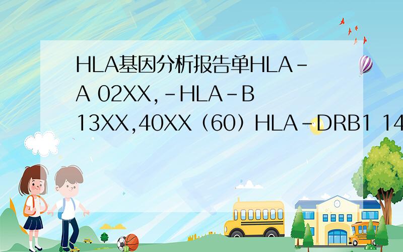 HLA基因分析报告单HLA-A 02XX,-HLA-B 13XX,40XX（60）HLA-DRB1 14XX,16XX