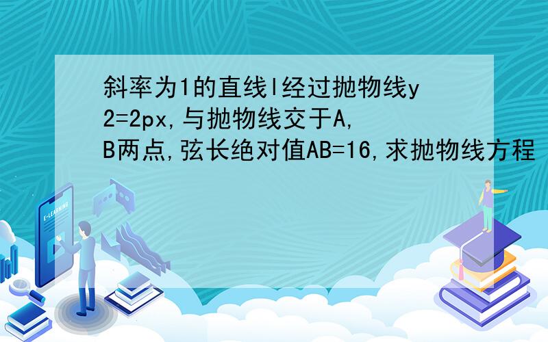 斜率为1的直线l经过抛物线y2=2px,与抛物线交于A,B两点,弦长绝对值AB=16,求抛物线方程