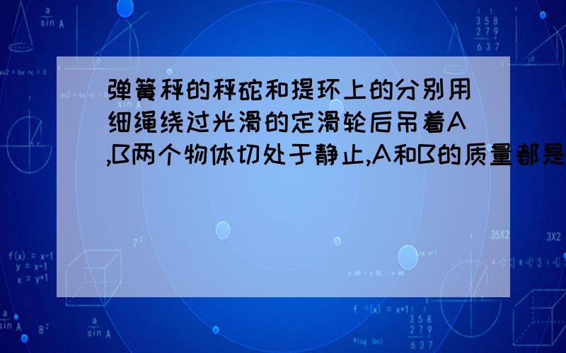 弹簧秤的秤砣和提环上的分别用细绳绕过光滑的定滑轮后吊着A,B两个物体切处于静止,A和B的质量都是0.5KG,则弹簧秤的读