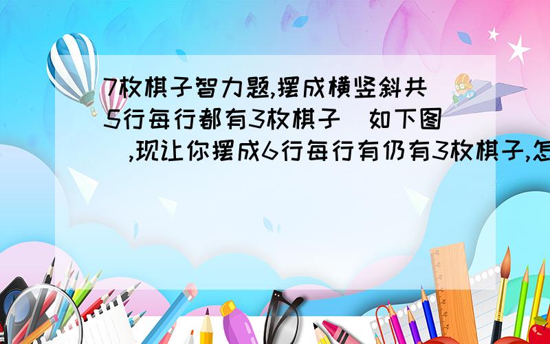 7枚棋子智力题,摆成横竖斜共5行每行都有3枚棋子(如下图),现让你摆成6行每行有仍有3枚棋子,怎么摆.