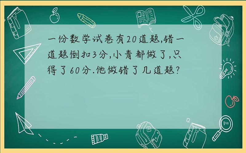 一份数学试卷有20道题,错一道题倒扣3分,小青都做了,只得了60分.他做错了几道题?