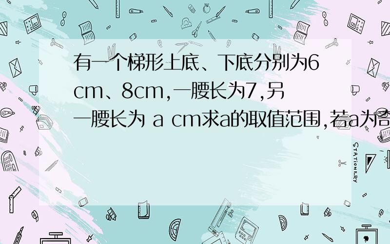 有一个梯形上底、下底分别为6cm、8cm,一腰长为7,另一腰长为 a cm求a的取值范围,若a为奇数,则该梯形是何梯形