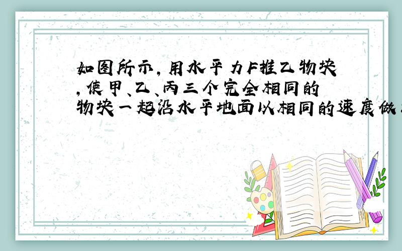 如图所示，用水平力F推乙物块，使甲、乙、丙三个完全相同的物块一起沿水平地面以相同的速度做匀速直线运动，各物块受到摩擦力的