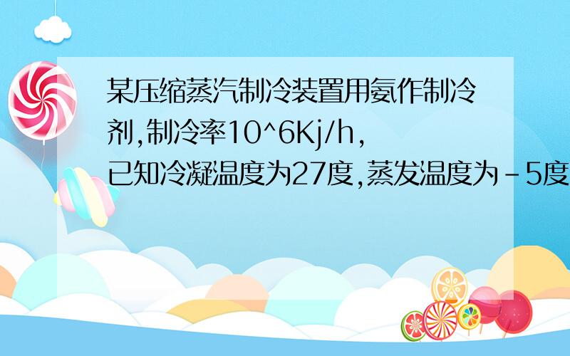 某压缩蒸汽制冷装置用氨作制冷剂,制冷率10^6Kj/h,已知冷凝温度为27度,蒸发温度为-5度,求制冷剂的质量流量,压缩