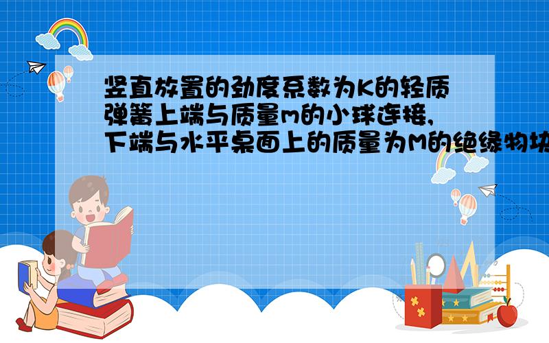 竖直放置的劲度系数为K的轻质弹簧上端与质量m的小球连接,下端与水平桌面上的质量为M的绝缘物块相连,小球带正电,电量为q且