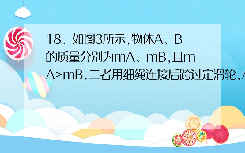 18．如图3所示,物体A、B的质量分别为mA、mB,且mA>mB.二者用细绳连接后跨过定滑轮,A静止在倾角θ=30°的斜