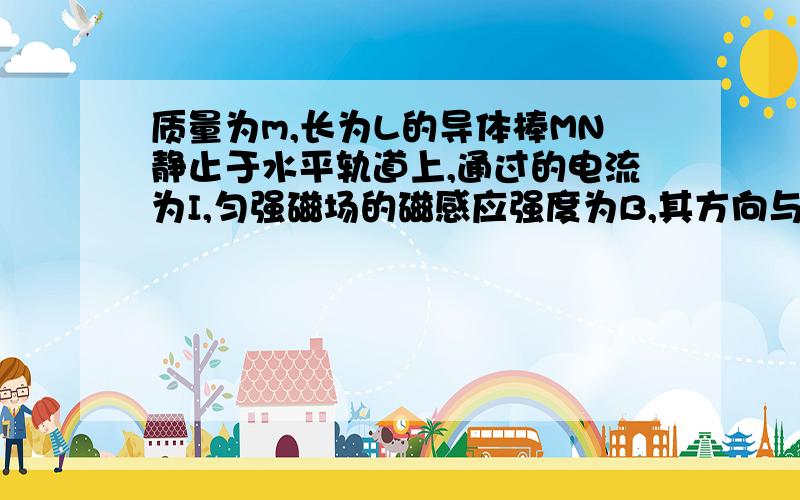 质量为m,长为L的导体棒MN静止于水平轨道上,通过的电流为I,匀强磁场的磁感应强度为B,其方向与轨道平面成