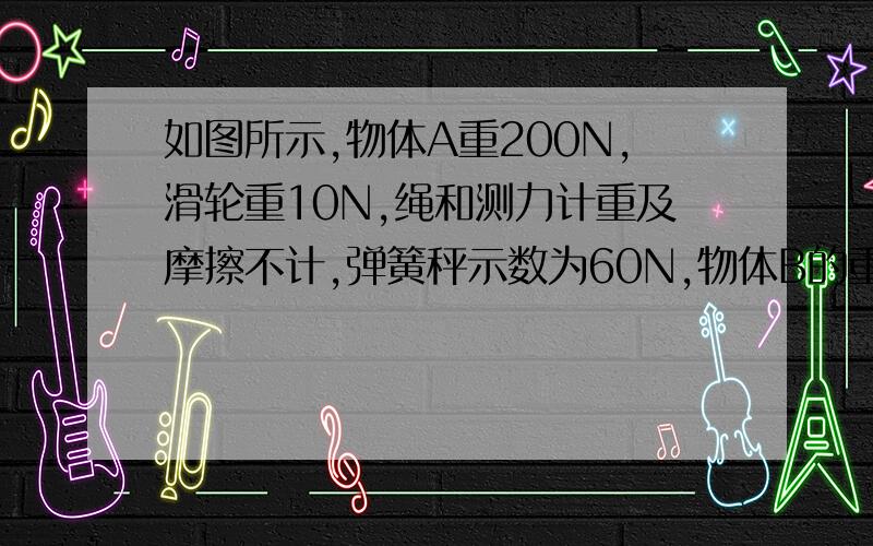 如图所示,物体A重200N,滑轮重10N,绳和测力计重及摩擦不计,弹簧秤示数为60N,物体B的重为___N；若物体B匀速