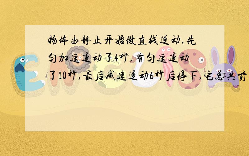 物体由静止开始做直线运动,先匀加速运动了4秒,有匀速运动了10秒,最后减速运动6秒后停下,它总共前进了1500米,求它在